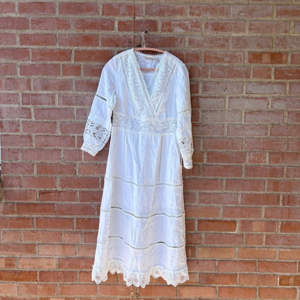 Soft Surroundings 100% Linen Maxi Prairie Dress Women's 4P White Cottage Core